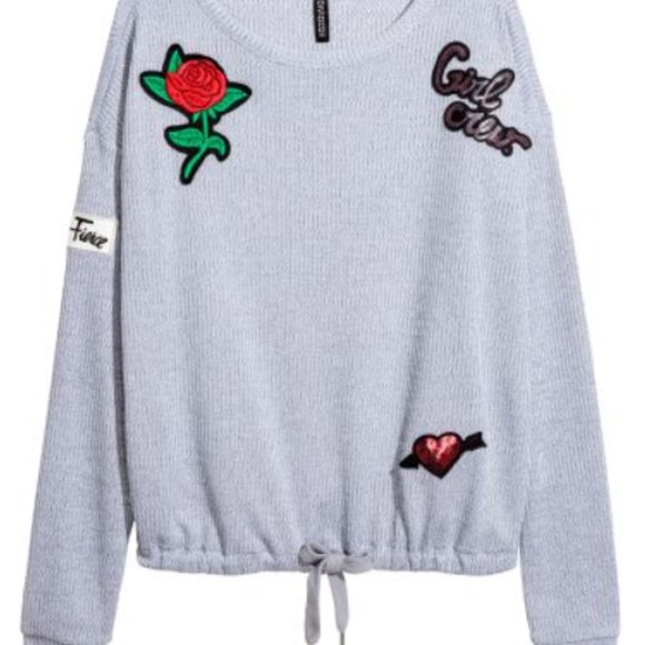 H&M Divided Women's Embroidered Gray Rib-Knit Pullover Sweatshirt Size Medium - Picture 3 of 15